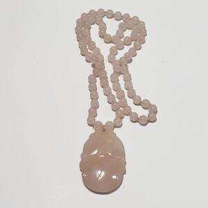 Vintage Rose Quartz Hand Knotted Bead Necklace With Carved Pendant 28"